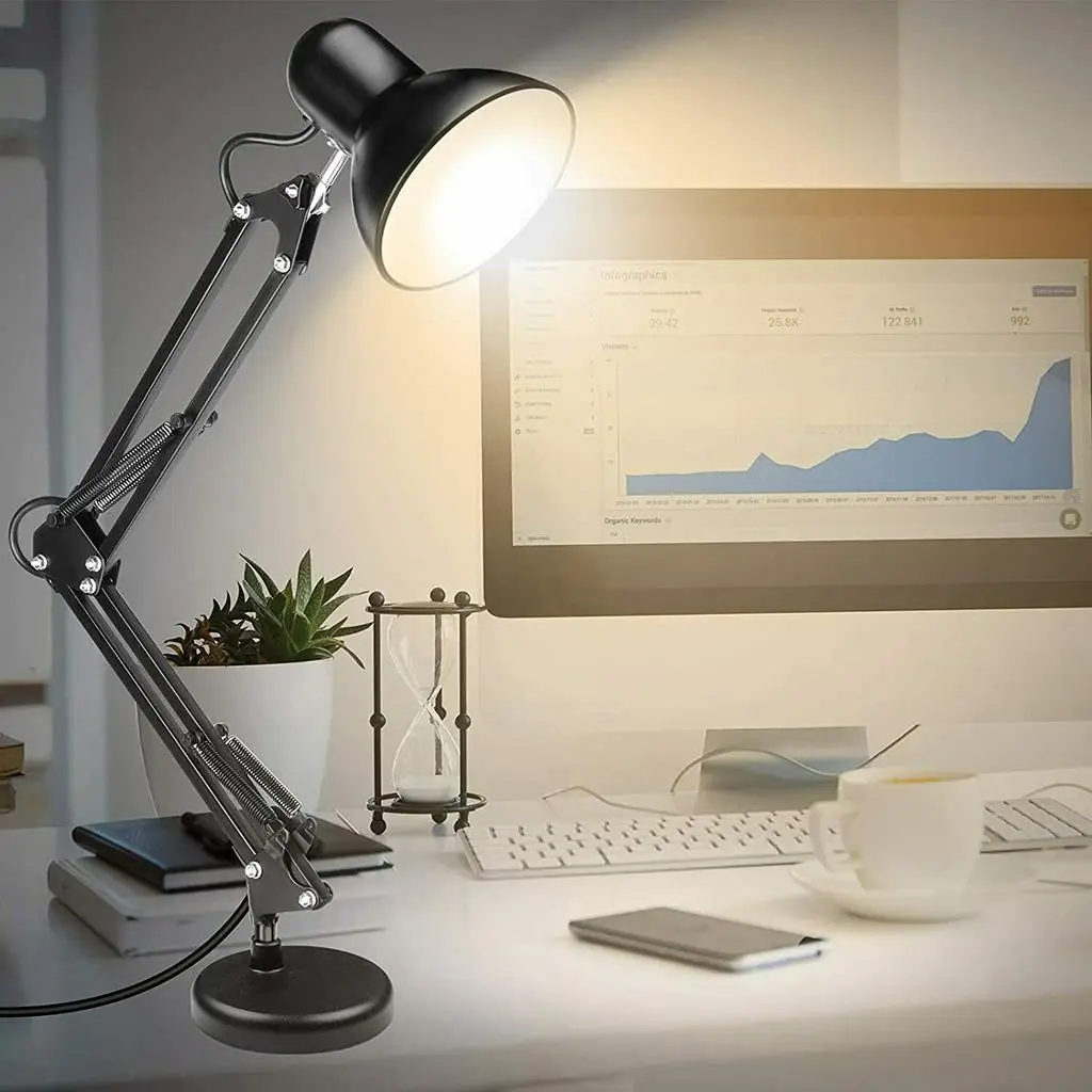 Metal Swing Arm LED Desk Lamp, Interchangeable Base Or Clamp, Classic Architect Clip On Study Table Lamp, Multi-Joint