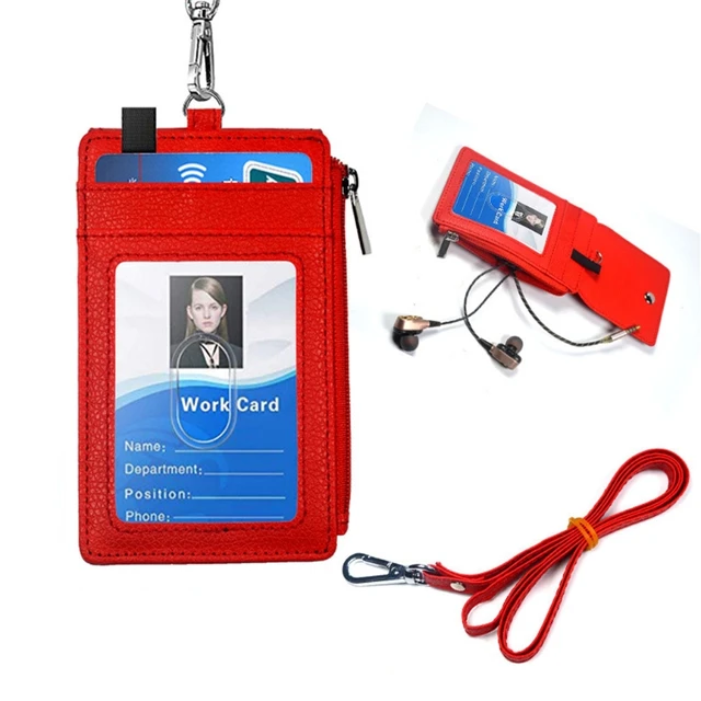 ELV Badge Holder with Zipper PU Leather ID Badge Card Holder Wallet with 5 Card Slots 1 Side RFID Blocking Pocket and 20 inch Neck Lanyard Strap