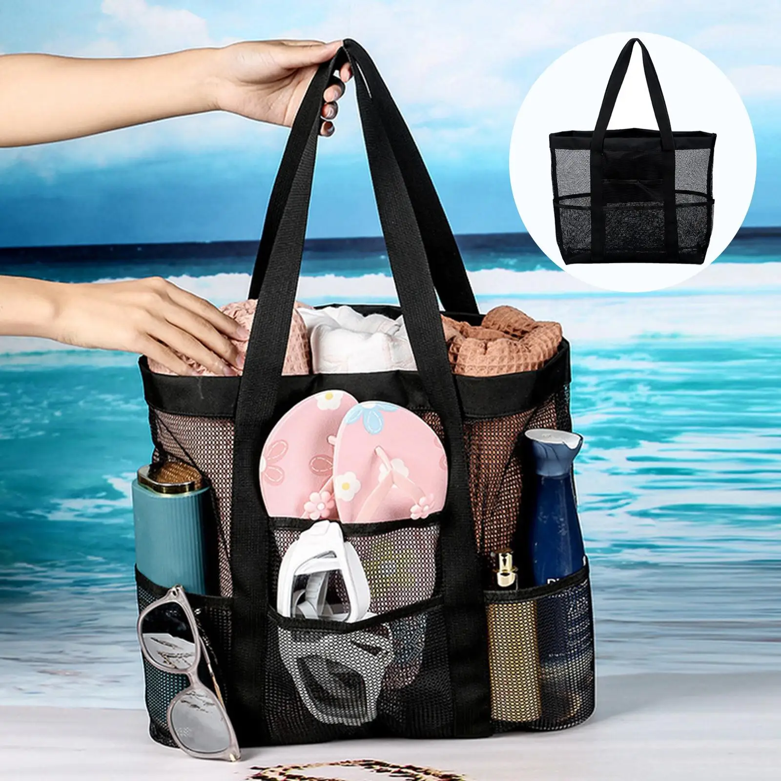 Mesh , Bag with  Pockets Lightweight Foldable Mesh Tote Bag for Beach, Picnic