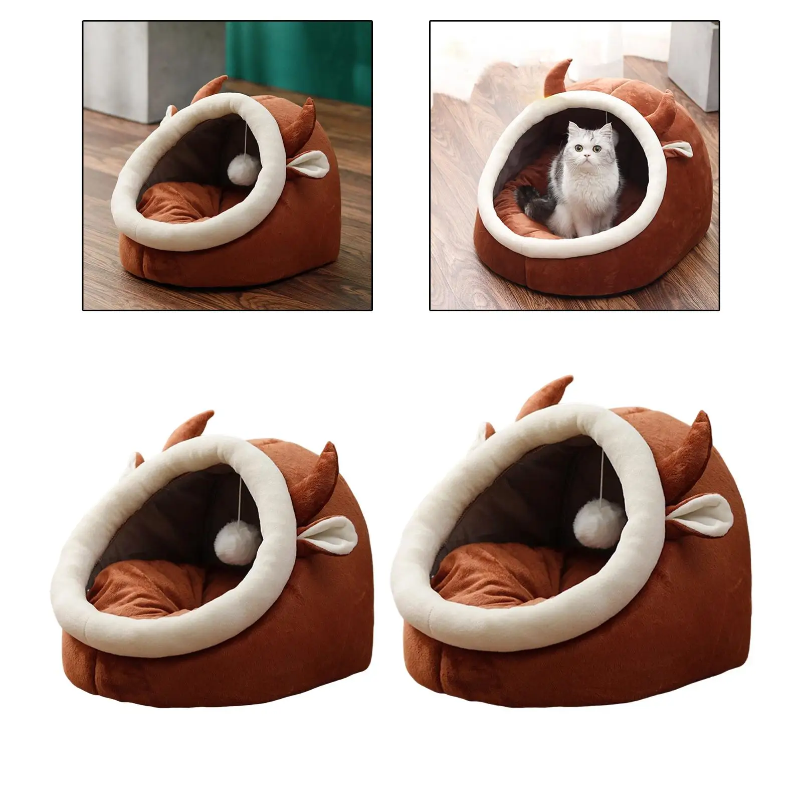 Comfy Cat Beds Pet Dog Bed with Washable Cushions Warm Nest Semi-Closed Hut Foldable with Play Ball Cat House for Cats