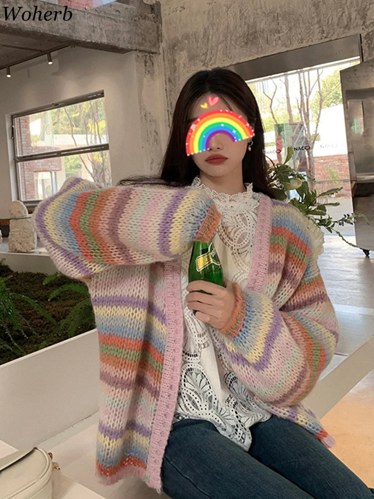 Woherb Fashion Rainbow Striped Cardigan 2022 Women Harajuku Mohair Knitted  Sweater Coat Pull Femme Sweet Casual Sueter Tops - Cardigan - AliExpress