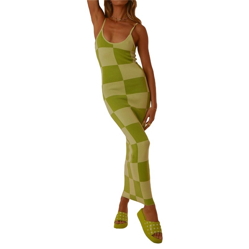 y2k Knitted Dresses Women Geometric Print Spaghetti Strap Sleeveless Bodycon Dresses 2000s Long Night Party Dresses