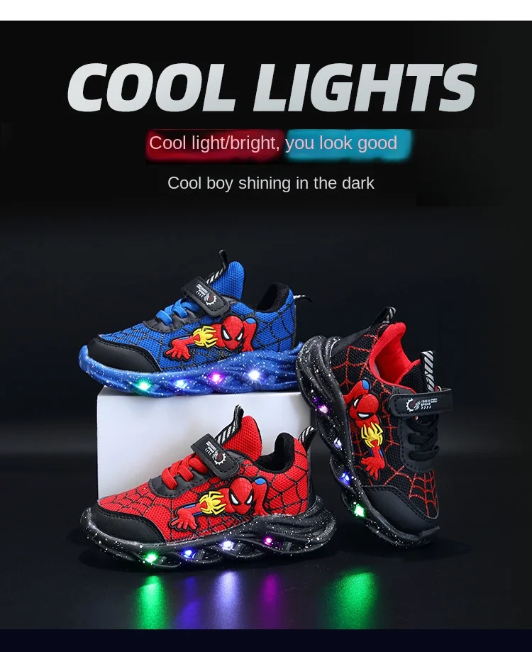 Chaussures pour enfants Spiderman nouvelles baskets pour garçons avec lumières nouvelles chaussures pour enfants