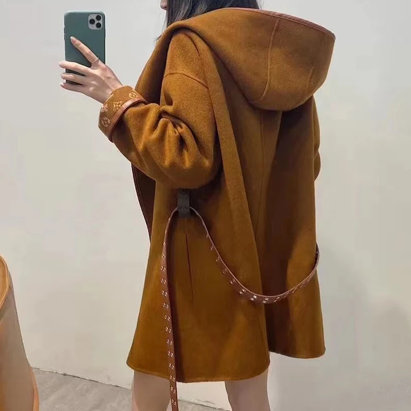 2022 Winter New Women Brand Long Wool Coat High Quality Luxury Slim Fit Lapel Hooded Jacket Single Breasted Top Female Clothing