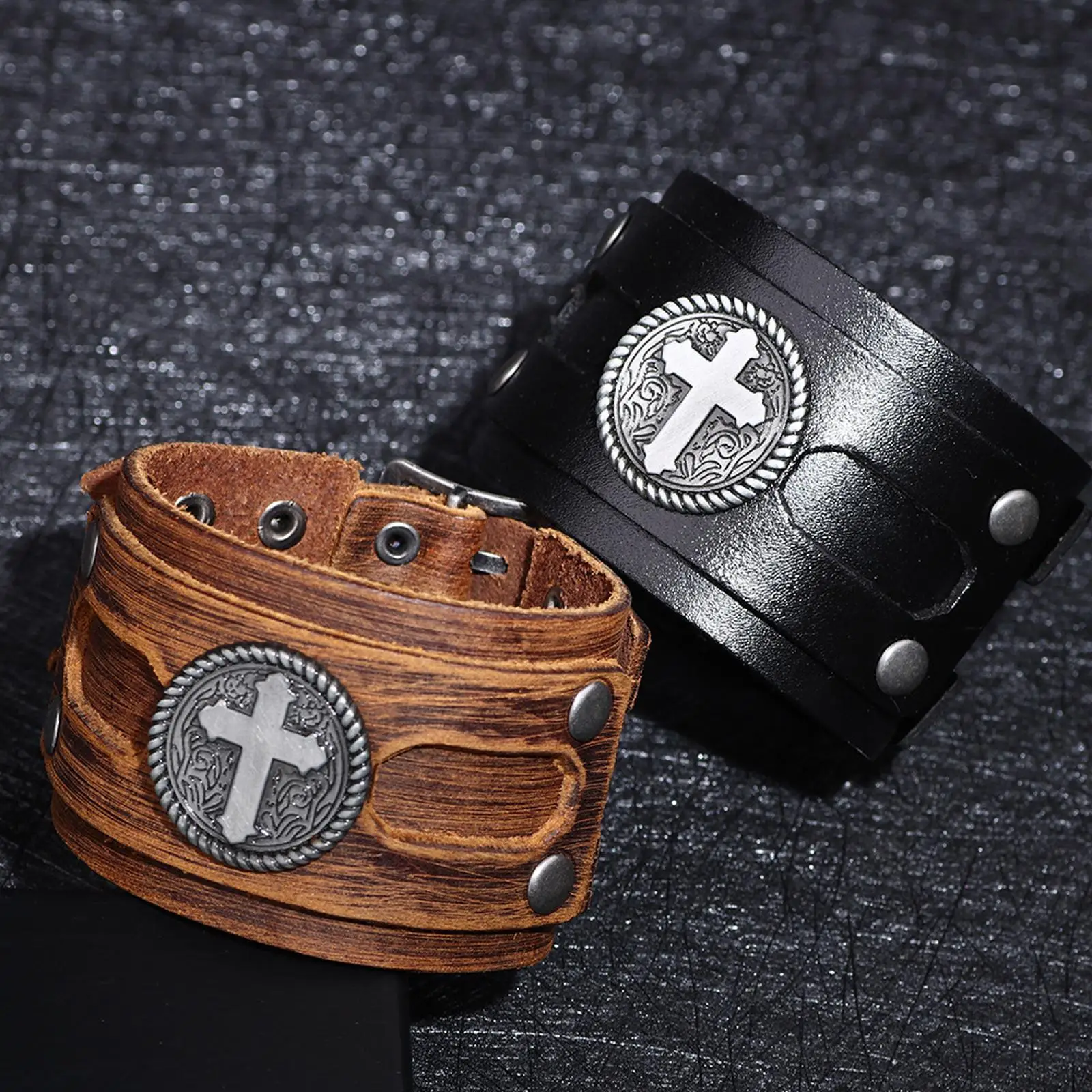Punk rock metal buckle bracelet wide leather strap cuff bracelet