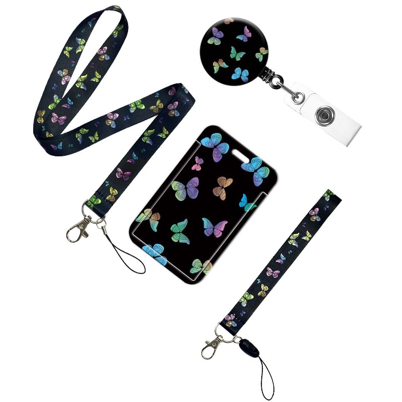 Bunter Schmetterling, einziehbar, leicht zu ziehend, Abzeichenrolle, lang, kurz, Handy-Lanyard, Kartenhalter, Zertifikat, Porta, Credencial – Detail 3