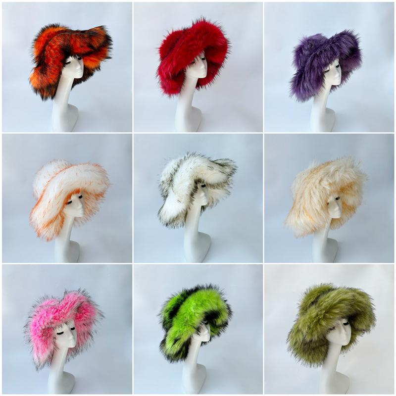 Harajuku Girls Sweet Cute Pink Wide Brim Floppy Furry Shag Hat Women Winter Y2k Fashion Fuzzy Festival Faux Fox Fur Bucket Hats