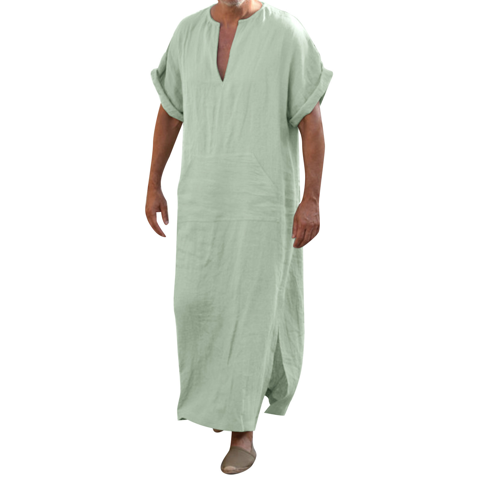 Men Robes Kaftan Muslim Arab Islamic V-Neck Short Sleeve Solid Imitation Linen Retro Vintage Loungewear Kaftan Arabia Man Abaya