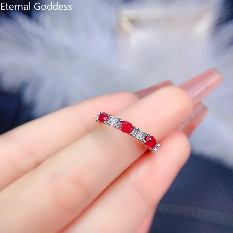 925 Silver 100% Natural African Ruby Rings For Office Women 3Mm*4Mm Real Ruby Silver Engagement Rings Ruby Luxury Jewelry