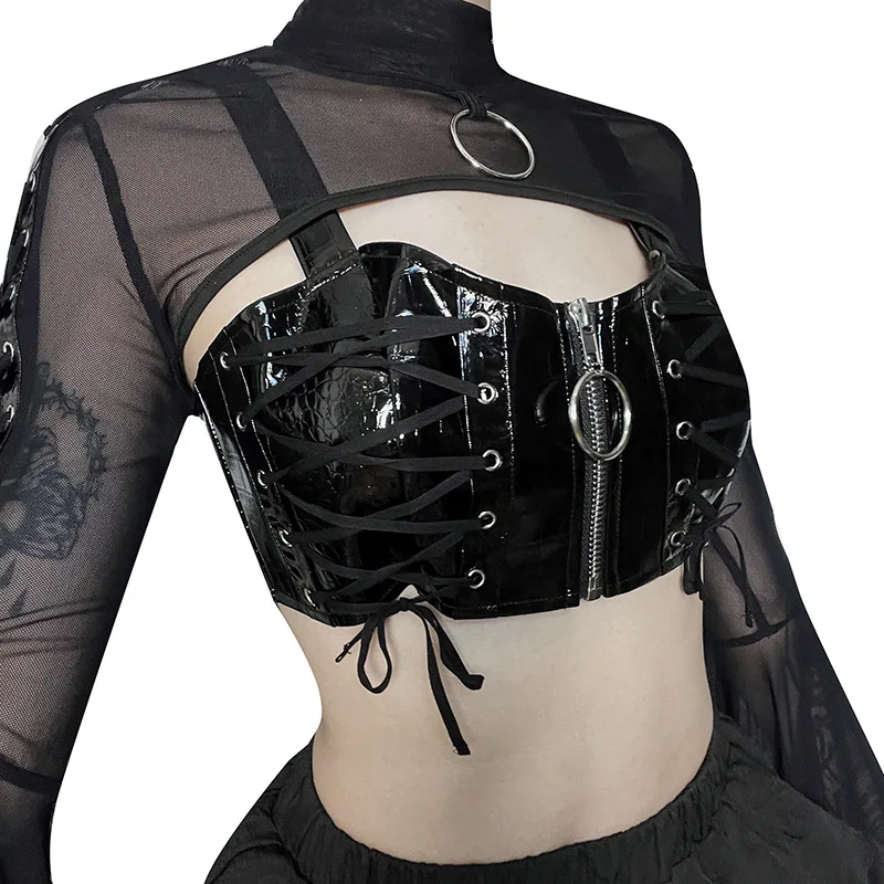 Yangelo Dark Punk Street Trend Strap Vest Gothic Zipper PU Strap Vest Retro Aesthetic Strap Backless Fairy Grunge