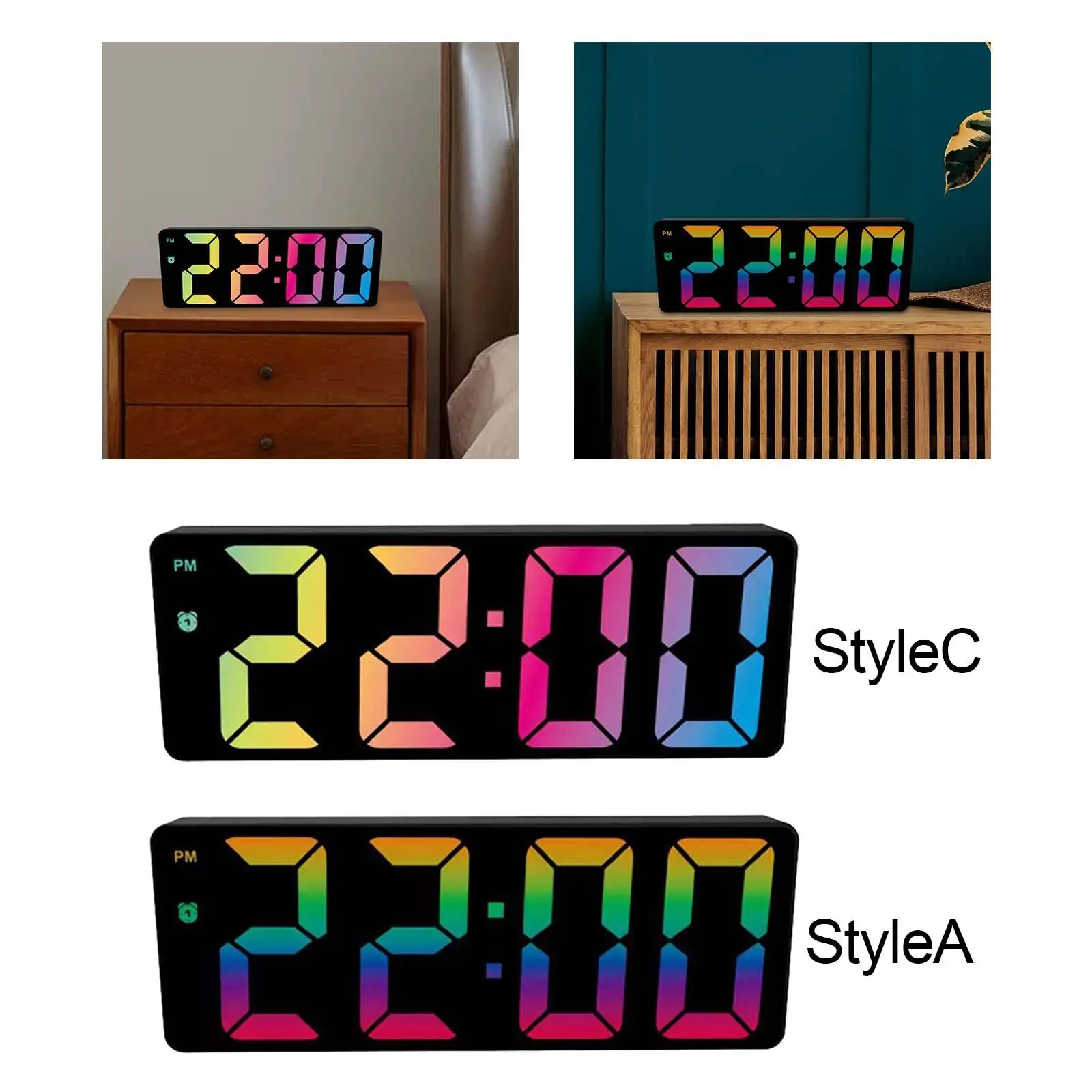 Digital Colorful Alarm Clock Large LED Display Snooze Dimmer battery Calendar for Desktop Gift Bedroom Home Office