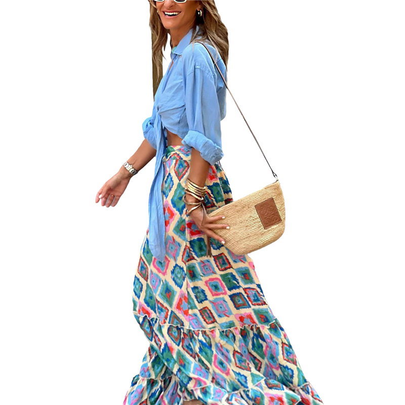 Faldas estéticas Y2K para mujer, faldas playeras con estampado floral geométrico, cintura alta, volantes, estilo bohemio de los años 2000, ropa de calle informal.