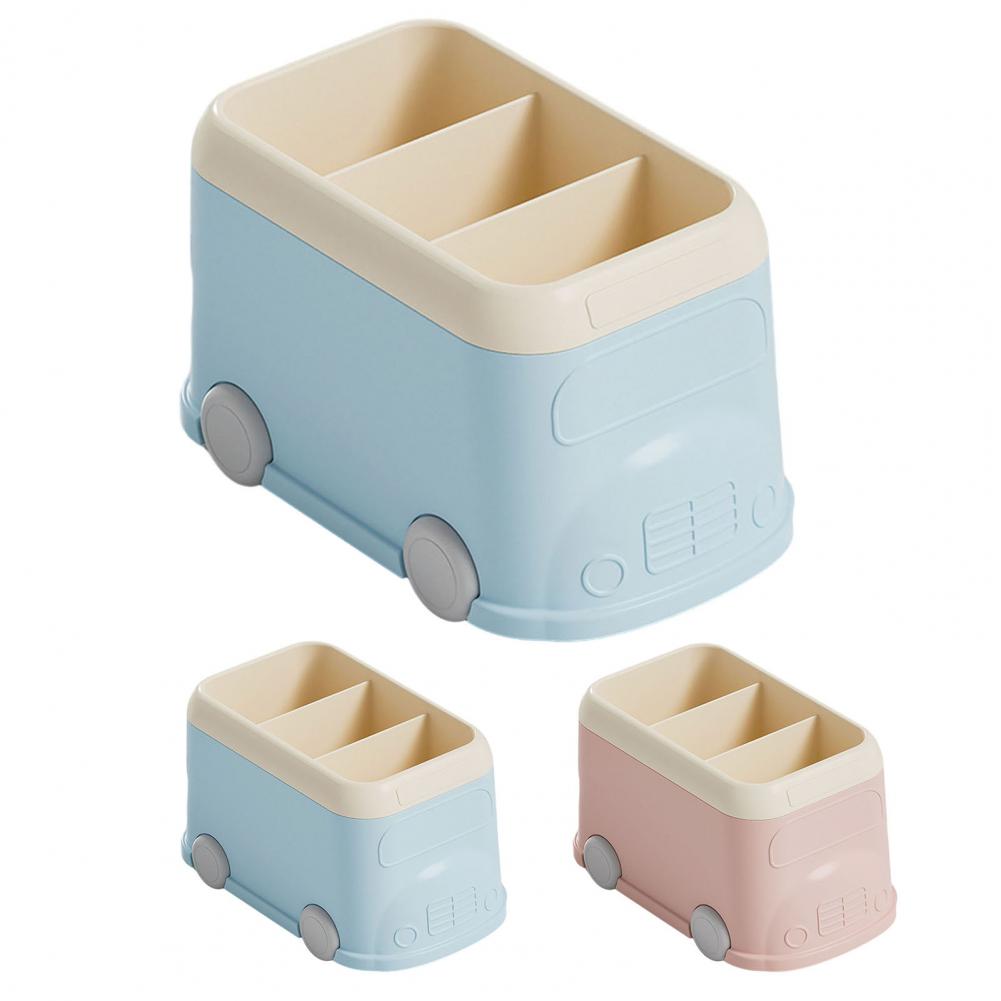 Desktop Pen Holder 3 Compartments Cute Bus Shape Multifunctional Stationery Pencil Organizer Container Storage Box