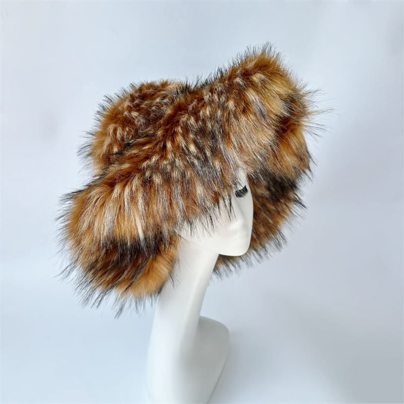 Harajuku Girls Sweet Cute Pink Wide Brim Floppy Furry Shag Hat Women Winter Y2k Fashion Fuzzy Festival Faux Fox Fur Bucket Hats