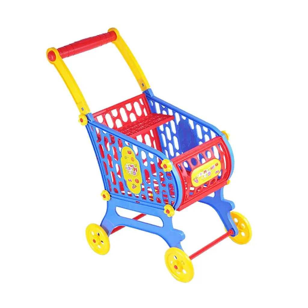 Mini Plastic Supermarket Shopping Cart Basket, Kids Toddler Role Pretend Play Toy Fancy Children Birthday Gift - 25x36x52cm