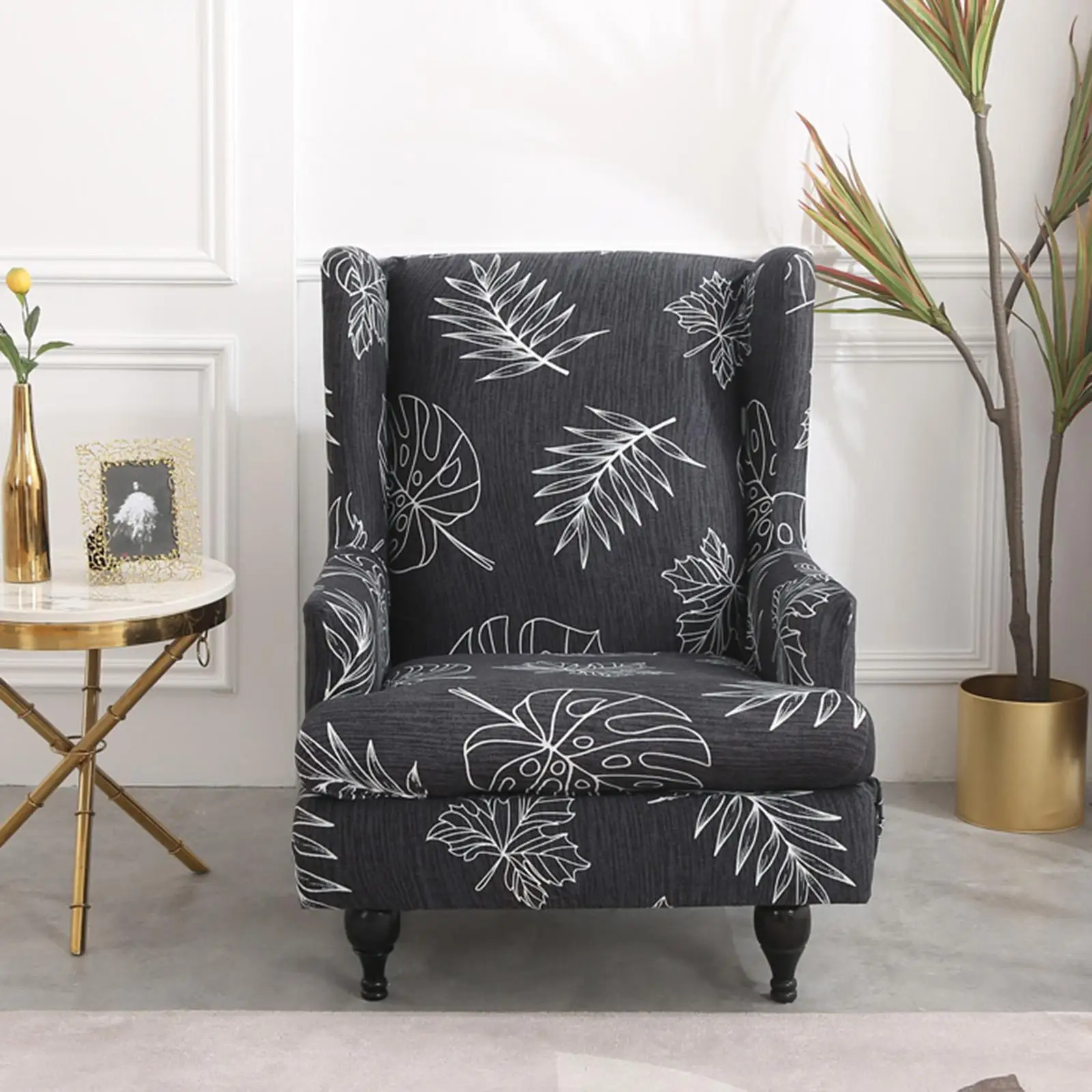 Stretch Soft Polyester Wingback Chair Covers Wing Chair Armchair Printed Slipcover w/ Seat Cover Removable Non-Slip Washable