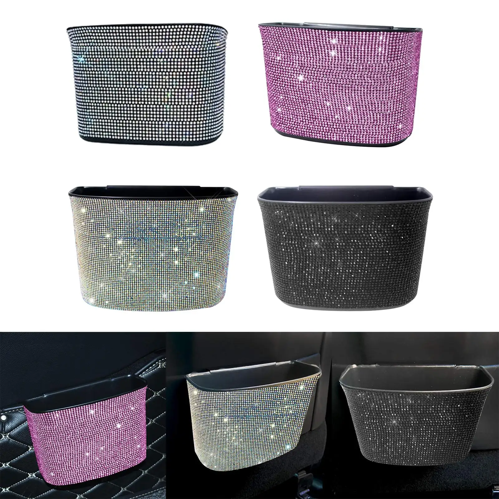 Car Trash Can Bin Back Seat Hanging Storage Container Small Crystal Multifunction Decoration Accessories Auto Garbage Bin