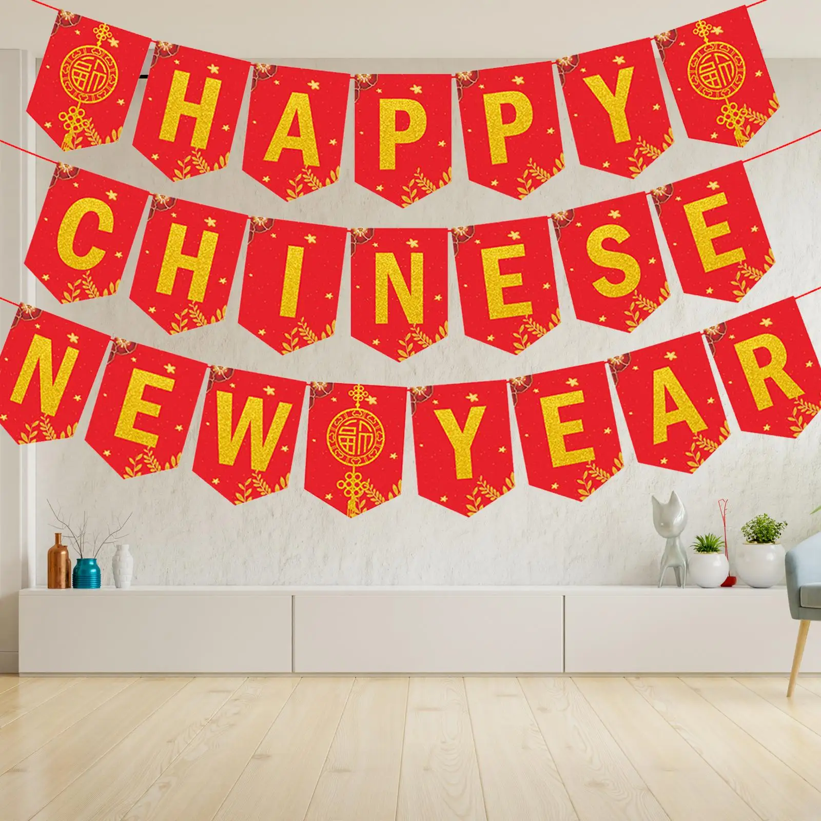 Chinese New Year Banner Party Decor Supplies Hanging Decorations Red Lunar New Year Decor Bunting for Living Room Backdrop Wall