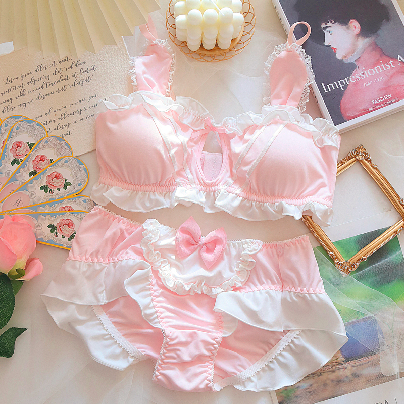 Rosa Unterwäsche BH und Höschen Set sexy Dessous süße kleine Brust Lolita Push-up Spitze Dreieck Tasse dünne Tasse Mädchen Höschen Bra lette – Detail 4