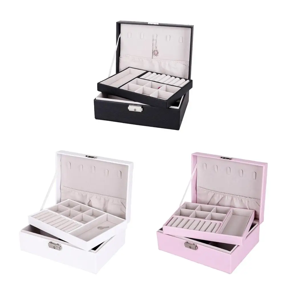 Jewelry Box Organizer Dual Layer Storage Leather Box for Necklace w/ Lock