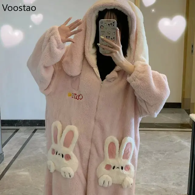 Warm One Piece Hooded Bunny Pajamas Jumpsuit Women Winter Fleece Kawaii  Rabbit Ear Onesie Cosplay Sleepwear Adult Pink Overalls