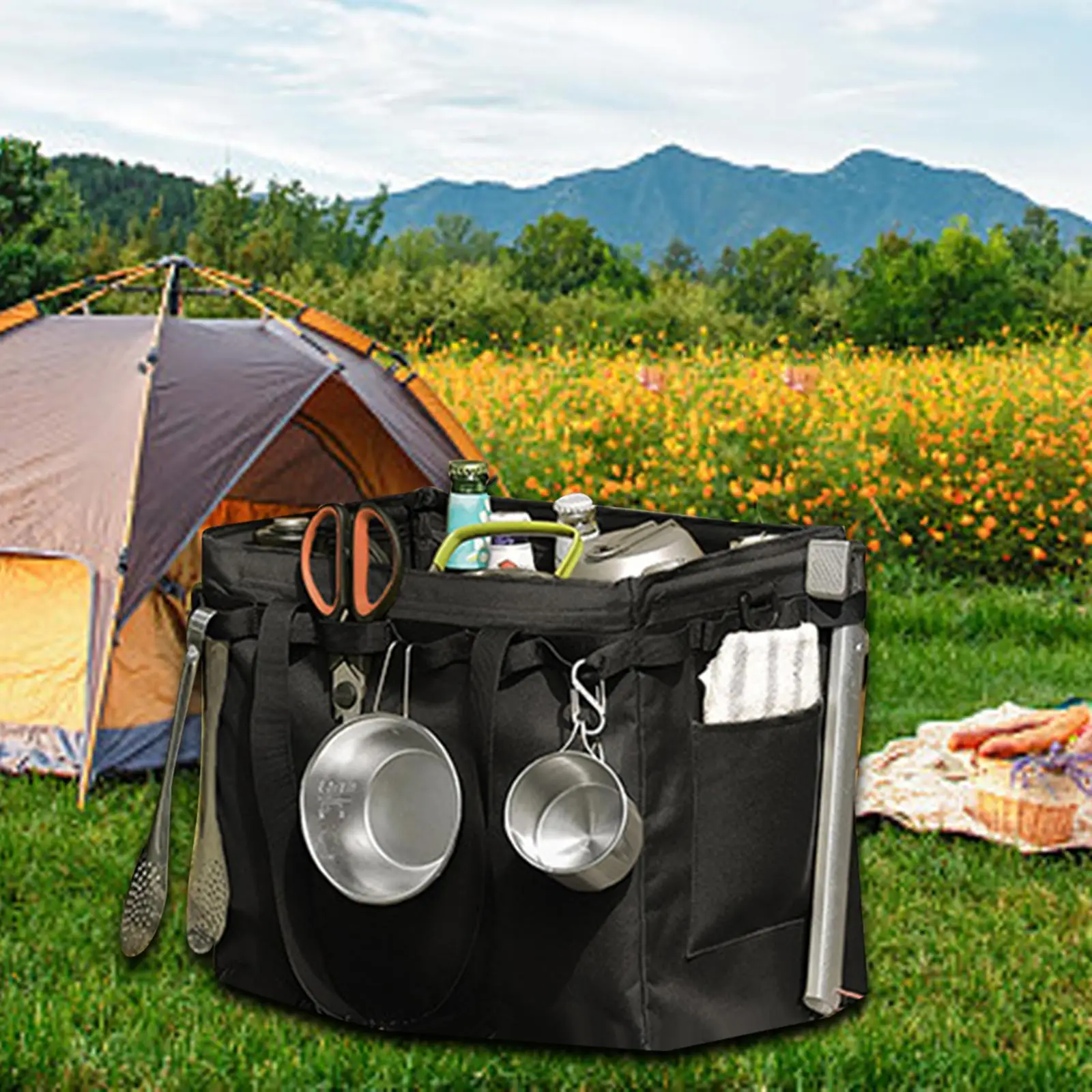 Outdoor Picnic Storage Bag Handbag Travel Garage Trunk Organizer for Barbecue Durable Black Large Capacity Portable Multipurpose
