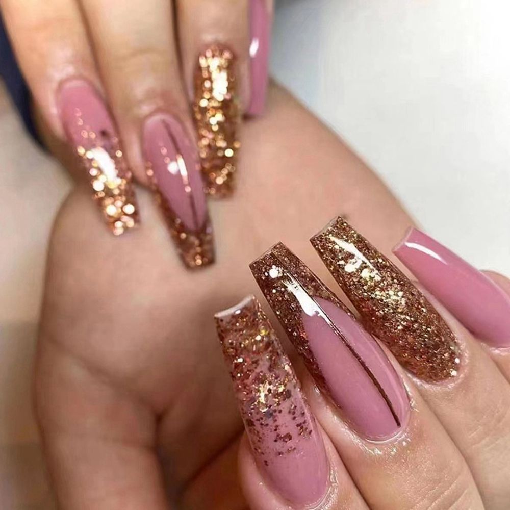 Best of 24Pcs Long Coffin False Nails Gold Glitter Sequins Designs Press On Full Cover Fake Nails Tips Wearable Manicure Art Accessories Reviews & Tips