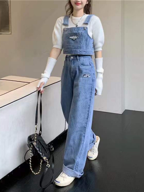 American Vintage Denim Suit Women High Streetcool Wear Loose Split Overalls  2pcs Set Crop Denim Suspender Top + High Waist Jeans