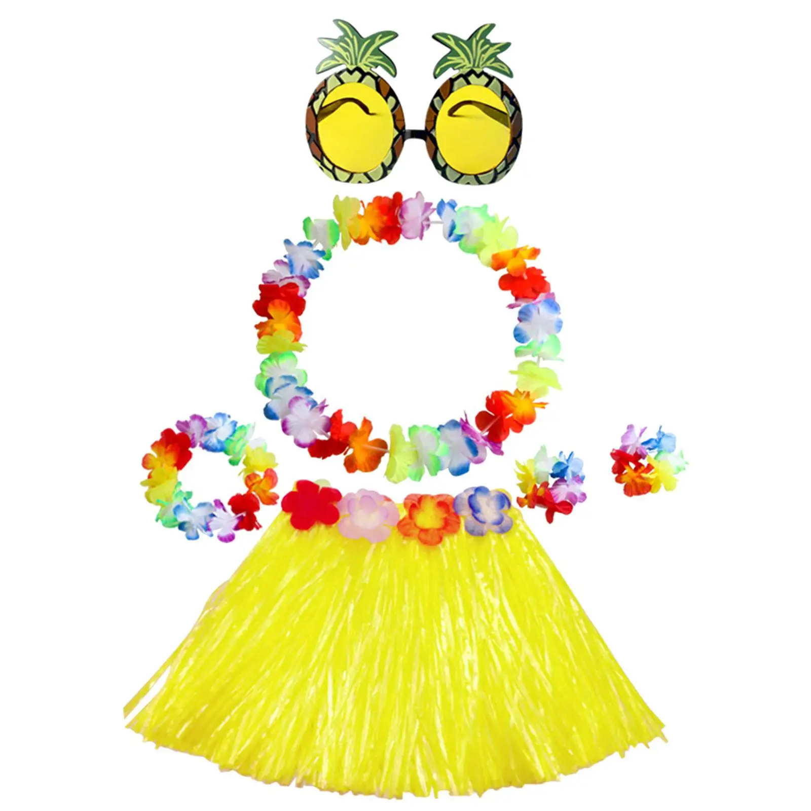 Hawaiian Grass Skirt with with Flower Wreath 30cm Short Skirt Pineapple Glasses for Summer Beach Birthday Decorations Supplies