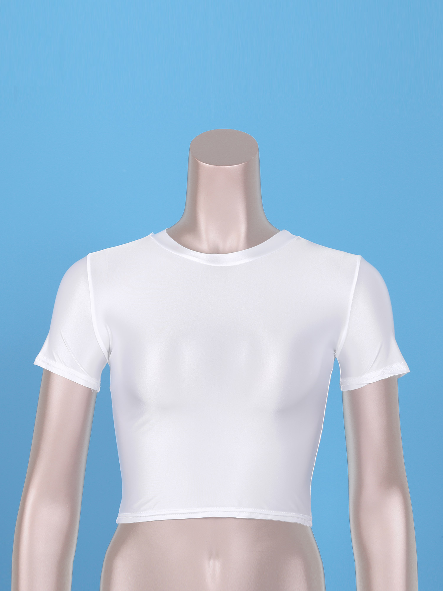 Glänzendes, kurzärmliges Crop-Top für Damen, einfarbig, Rundhalsausschnitt, schmale Passform, glattes, dehnbares Tanktop, Yoga-Sportbekleidung, Badebekleidung – Detail 10