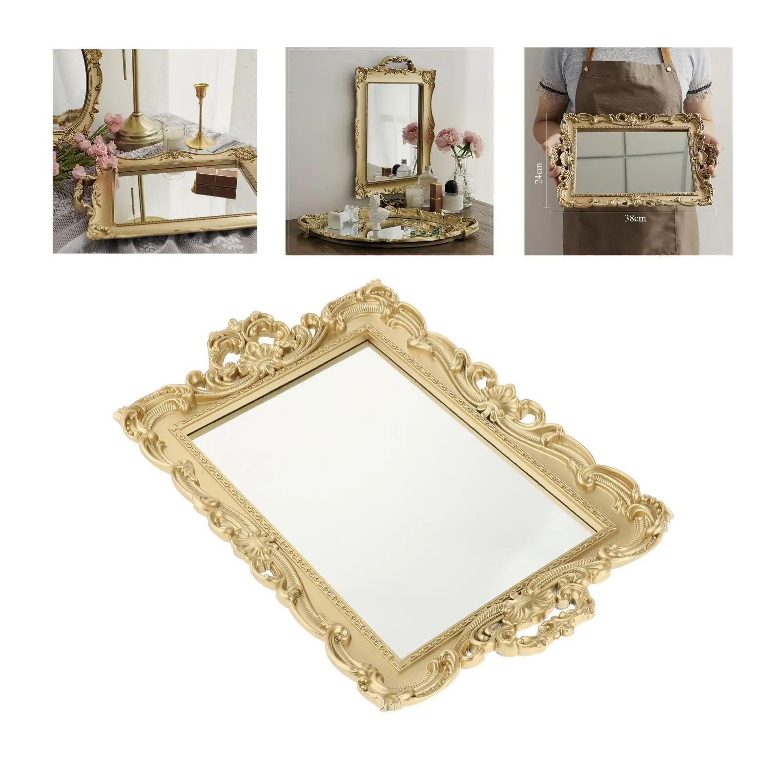 Retro 2-in-1 Mirrored Vanity Storage Tray Makeup Mirror Organizer Decor