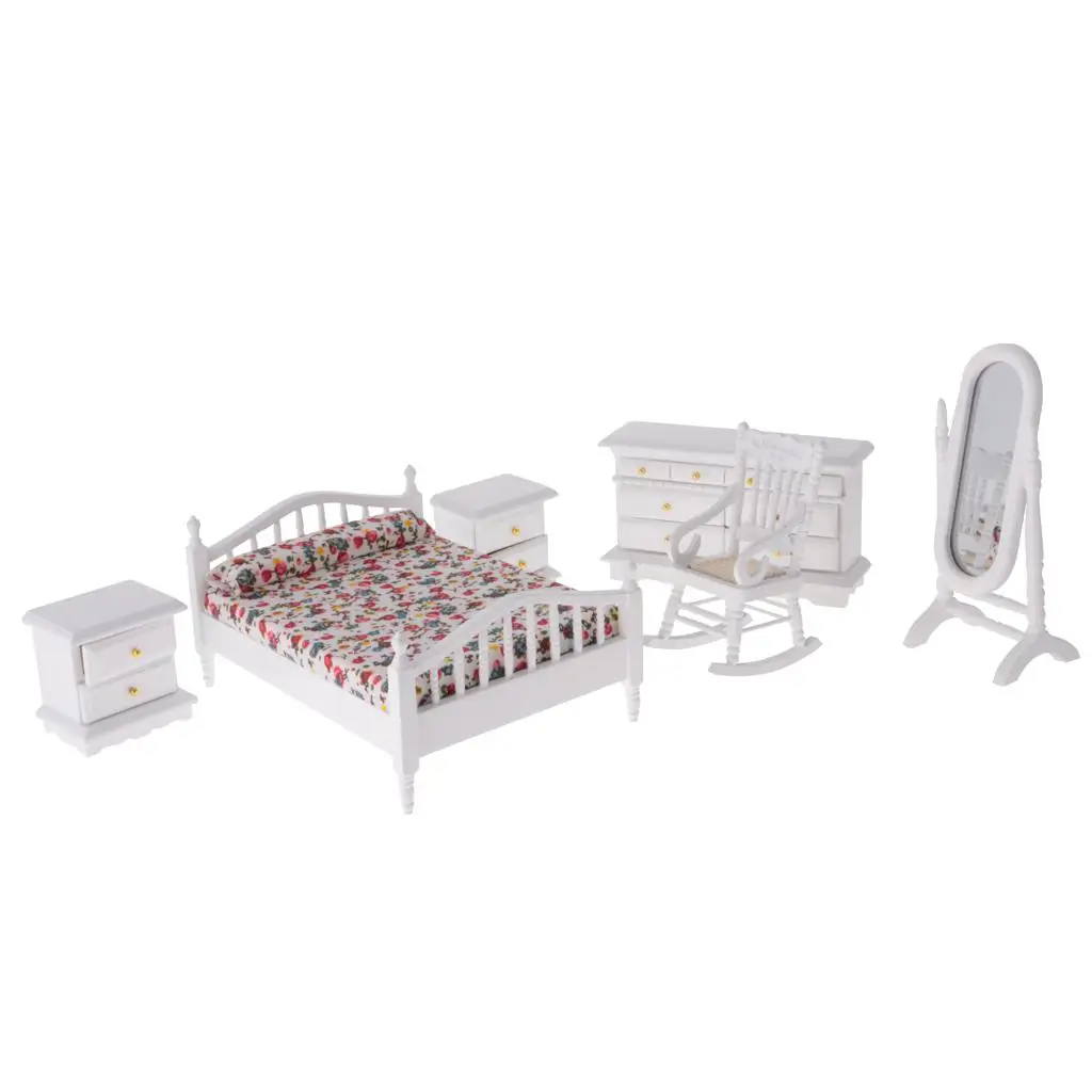 6 Pieces Dollhouse Miniature Furniture Set with Floral Bed Mirror Bedside Table and Dresser /12 Doll  Decor