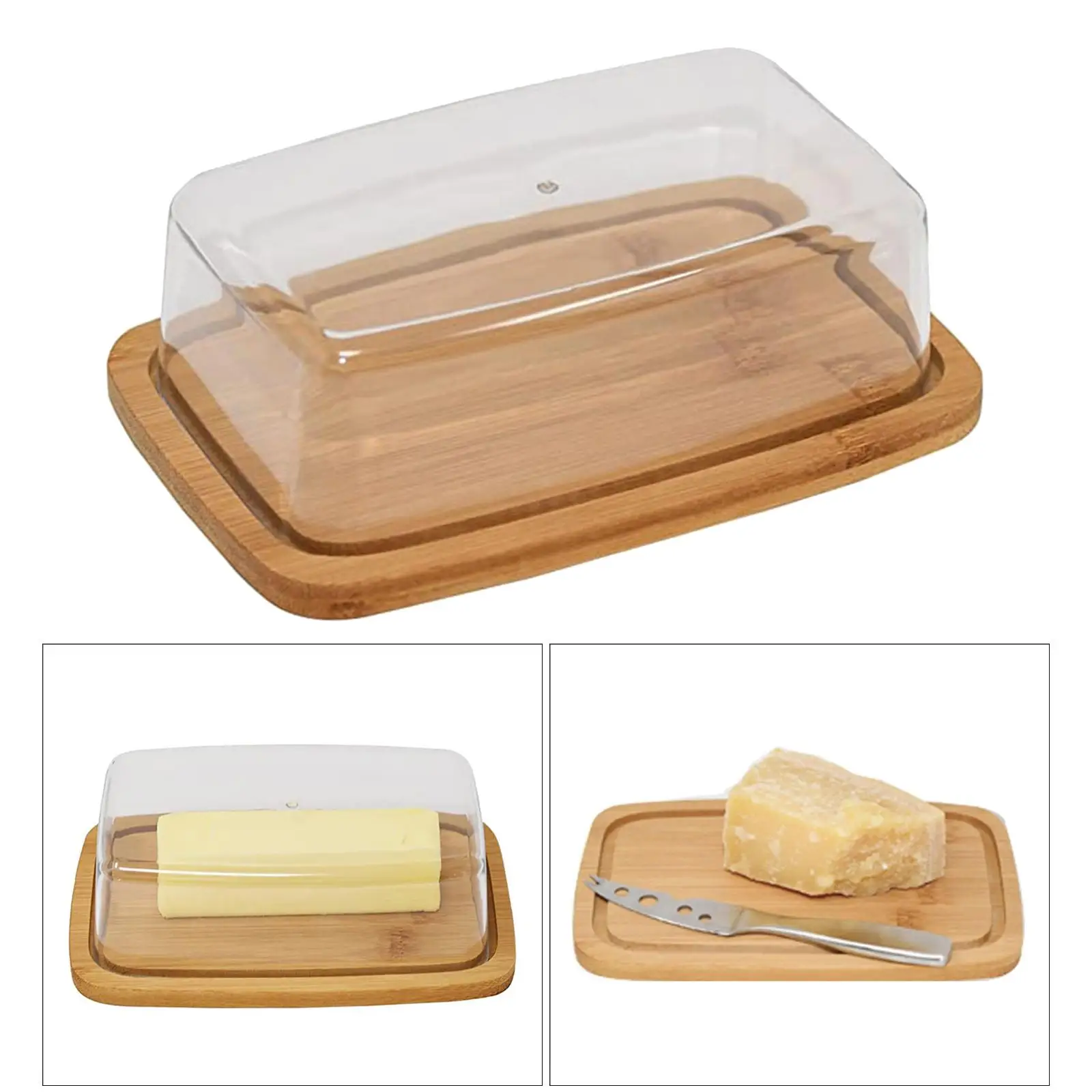 Square Bamboo Butter Dish Creative Rectangular Butter Box with Glass Lid for Home 19.5x13x6.5CM