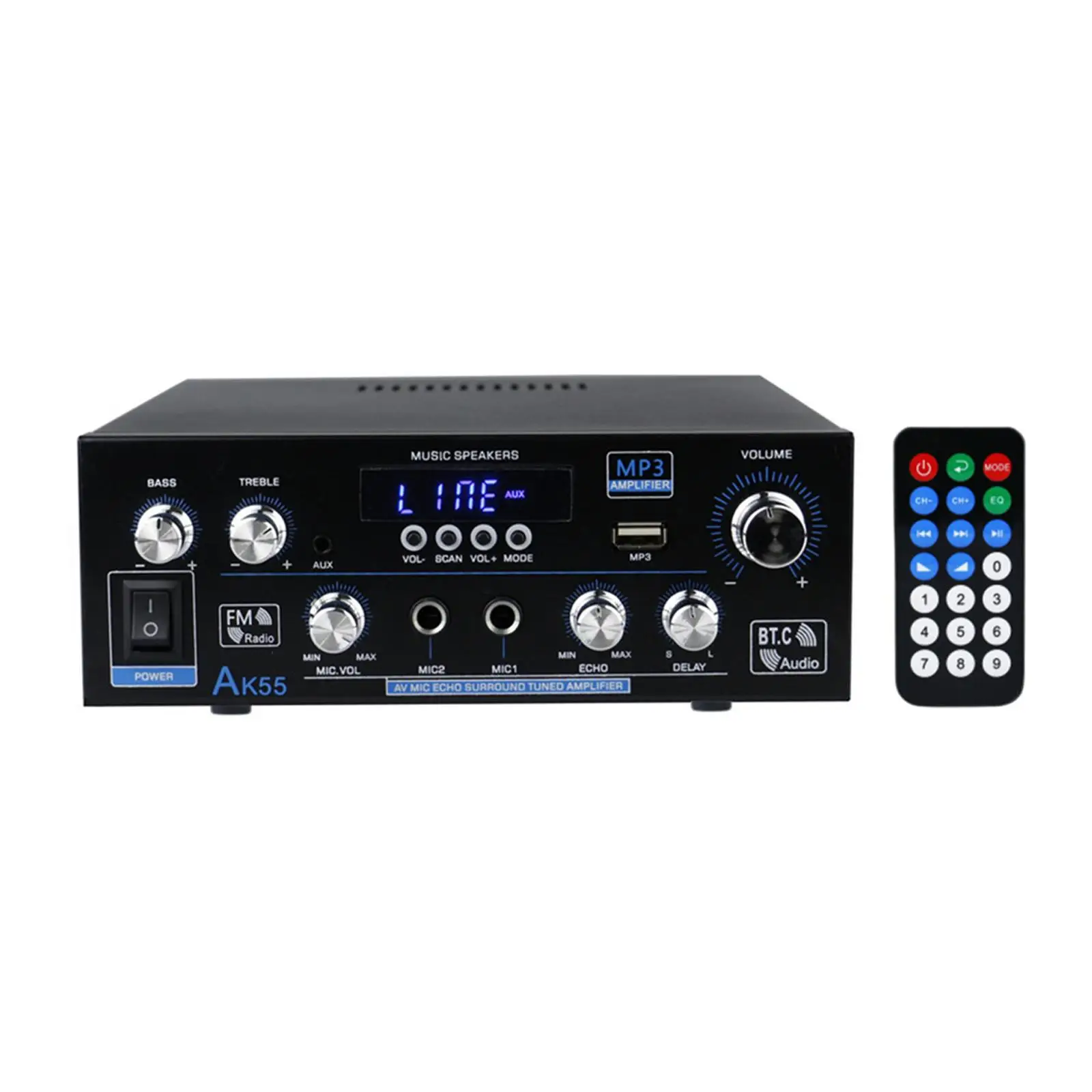 AK-55 Amplifier Echo Reverb Delay for Store Home Theater USB BT FM AUX Mic 2.0 Channel Sound Amplifier Speaker Amplifier US