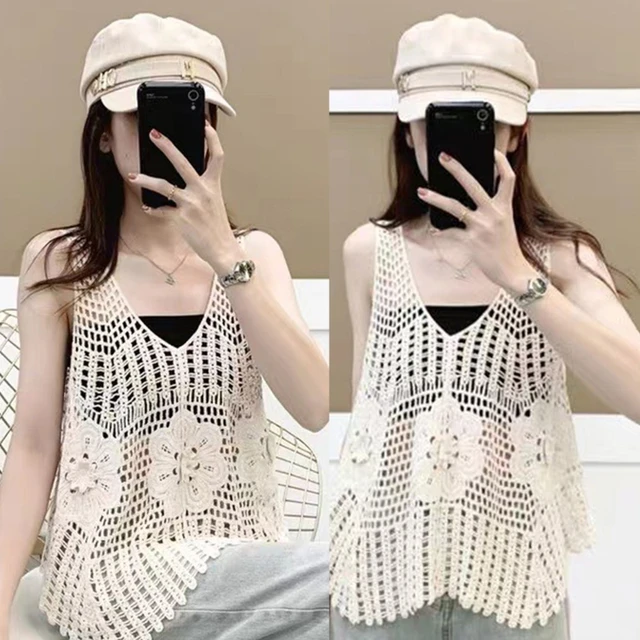 Lolmot Womens Fashion Tank Tops Casual Crochet Cami Top Hollow Out Tank  Vest Dressy Tie Shoulder Botton Summer Sleeveless Shirts Blouse on Clearance