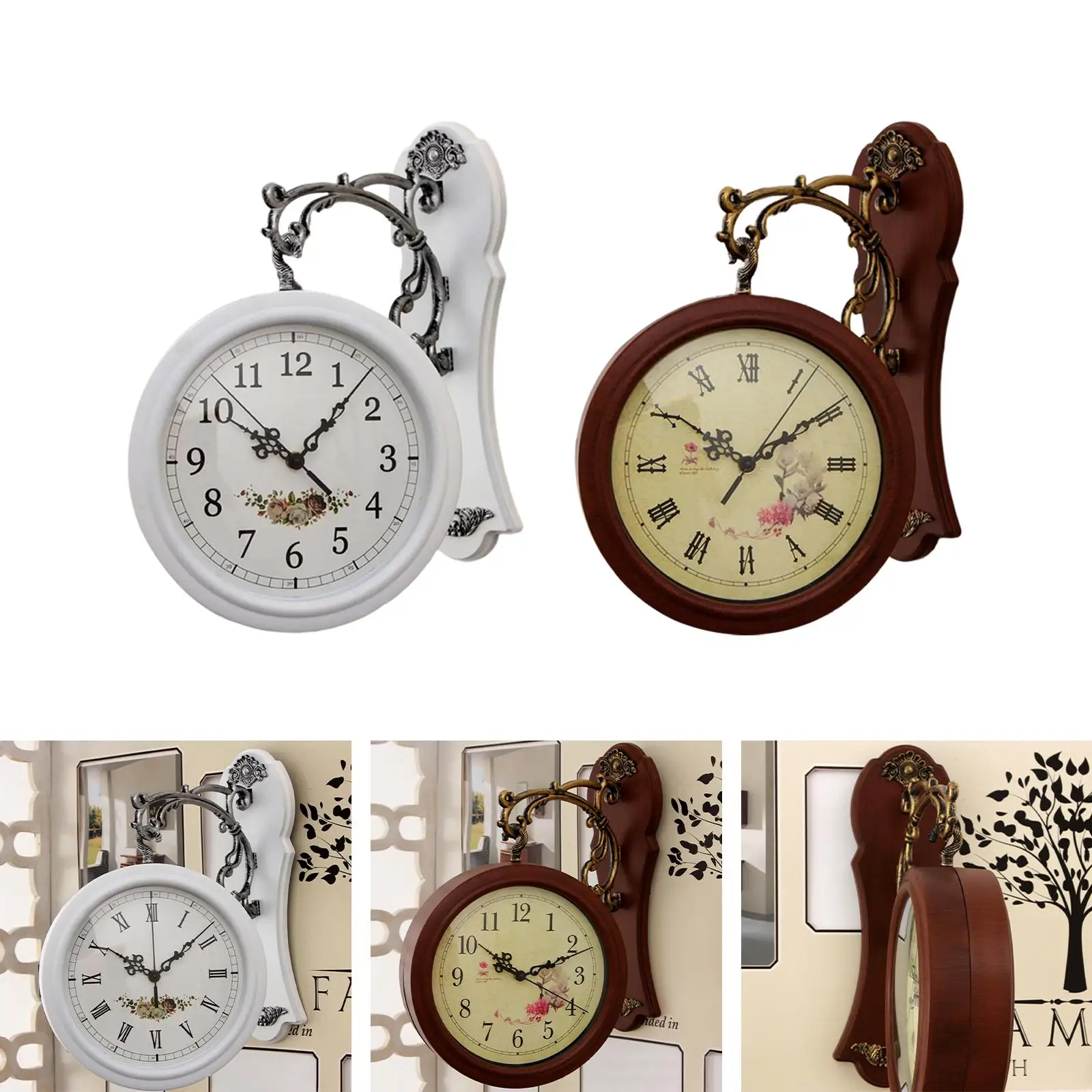 Classic Double Sided Wall Clock Mute Battery Operated Bedroom Station