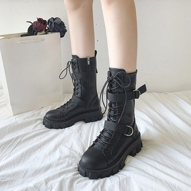 Shoes for Women Biker Footwear Mid Calf Platform Ladies Boots