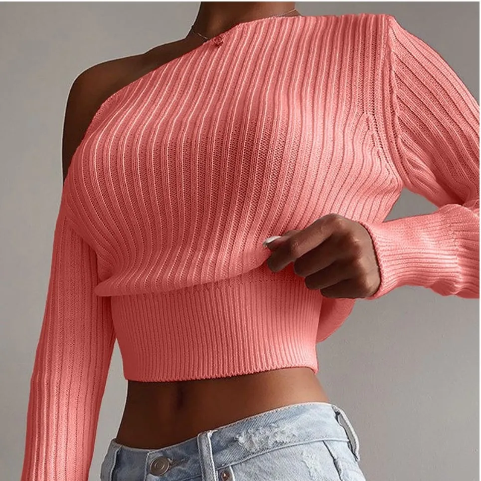 blue sweater Women's Fashion Tops Unique One Shoulder Female Spring Sweater Tops Sexy Party Casual Cozy Lady Knitted Sweater Tops christmas sweatshirt