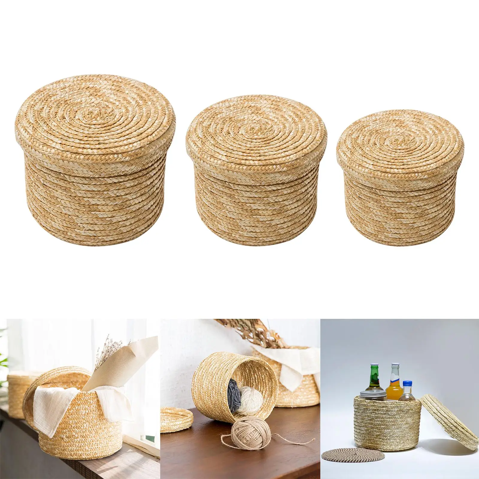 Round Woven Storage Basket with Lid Snack Organizer for Bathroom Nursery