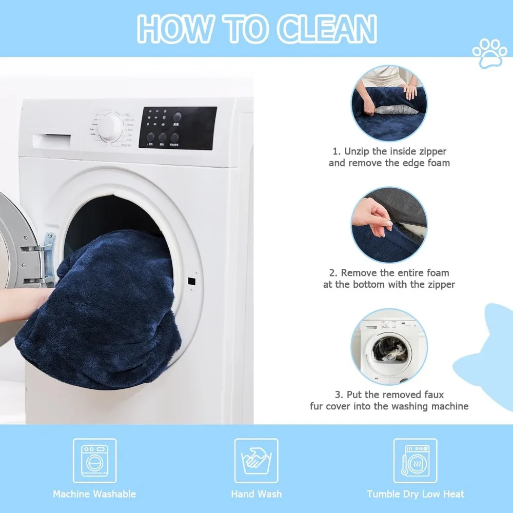 A cozy person gently placing an ultra-soft blue dog bed into a washing machine.
