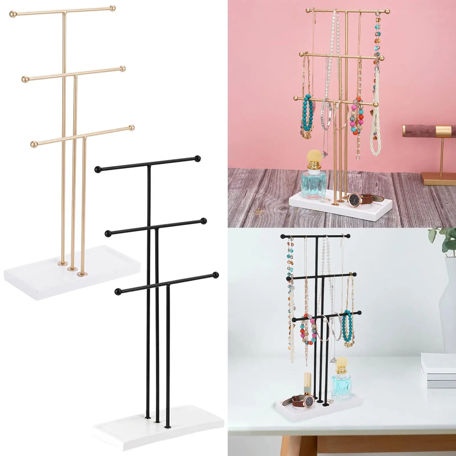 3 Tiers T Bar Jewelry Display Holder Free Standing with Tray Jewelry Organizer for Necklace Chains Home Decor Jewelry Organizer