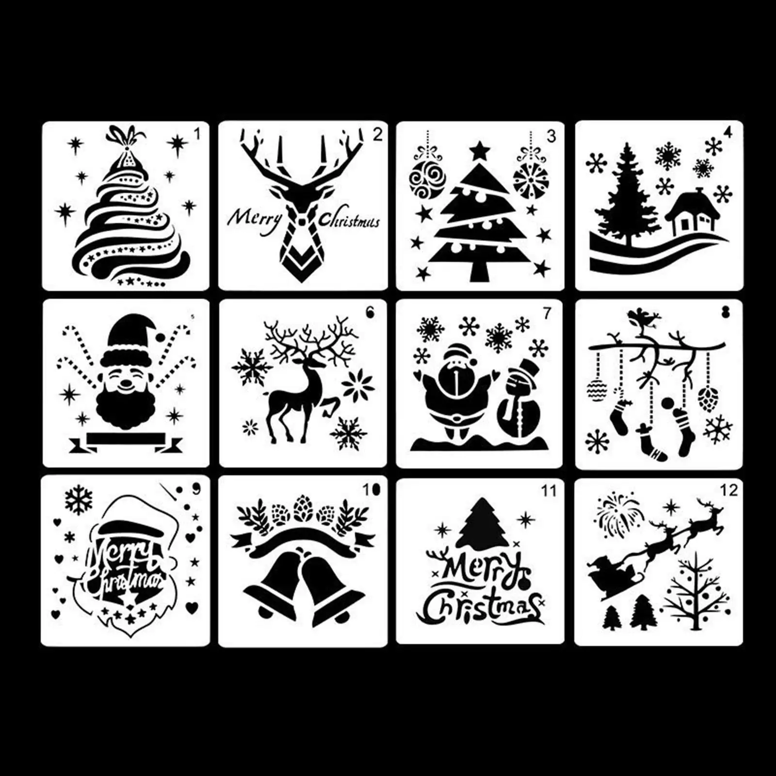 12Pcs Christmas Stencils Template Reusable Gift Card Snowflake Craft for Spraying Window Xmas DIY Home