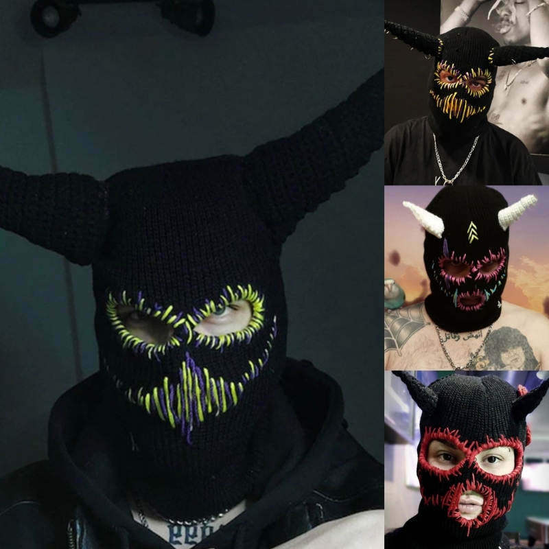 Frauen Gestrickte Kappen mit Teufel Hörner Halloween Horror Beanie Ski Maske für Männer – Detail 8
