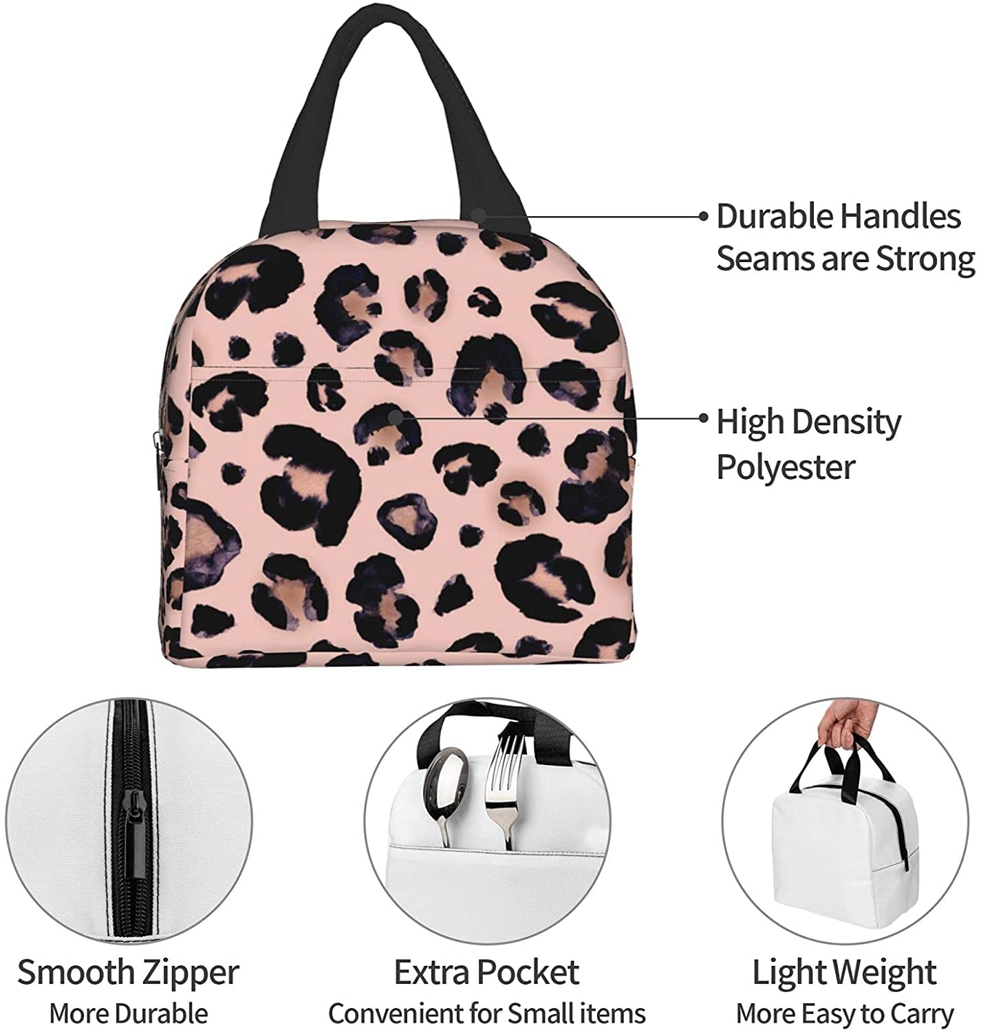 saco de almoço para mulheres leopardo impressão cheetah rosa isolado lancheira cooler tote para adulto crianças trabalho escritório escola piquenique reutilizável