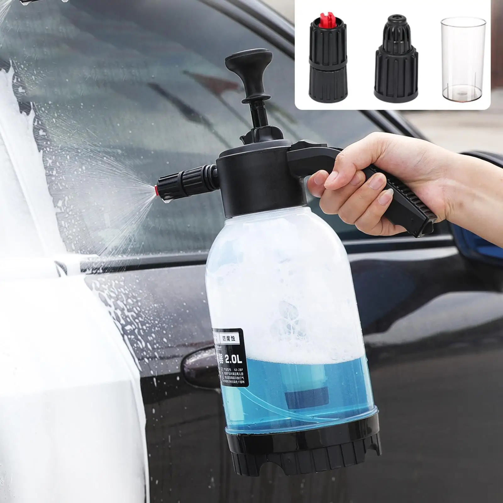 Hand Held Car Wash Pump Manual Foaming Sprayer 2000ml Adjustable Nozzle Hand Pressurized for House Cleaning Watering