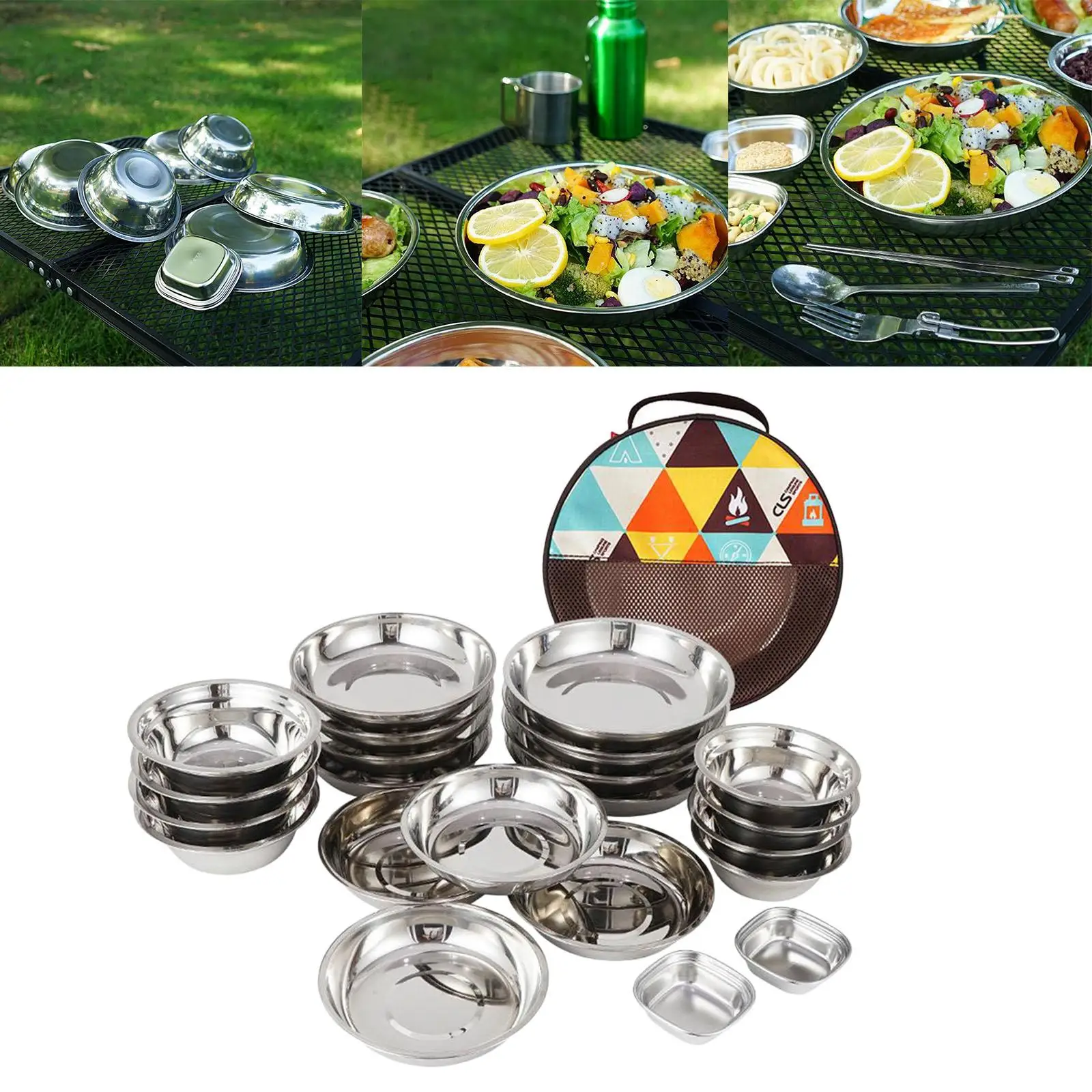 22 in 1 Stainless Steel Plate Set Portable Dinnerware Cooking  Bowl for