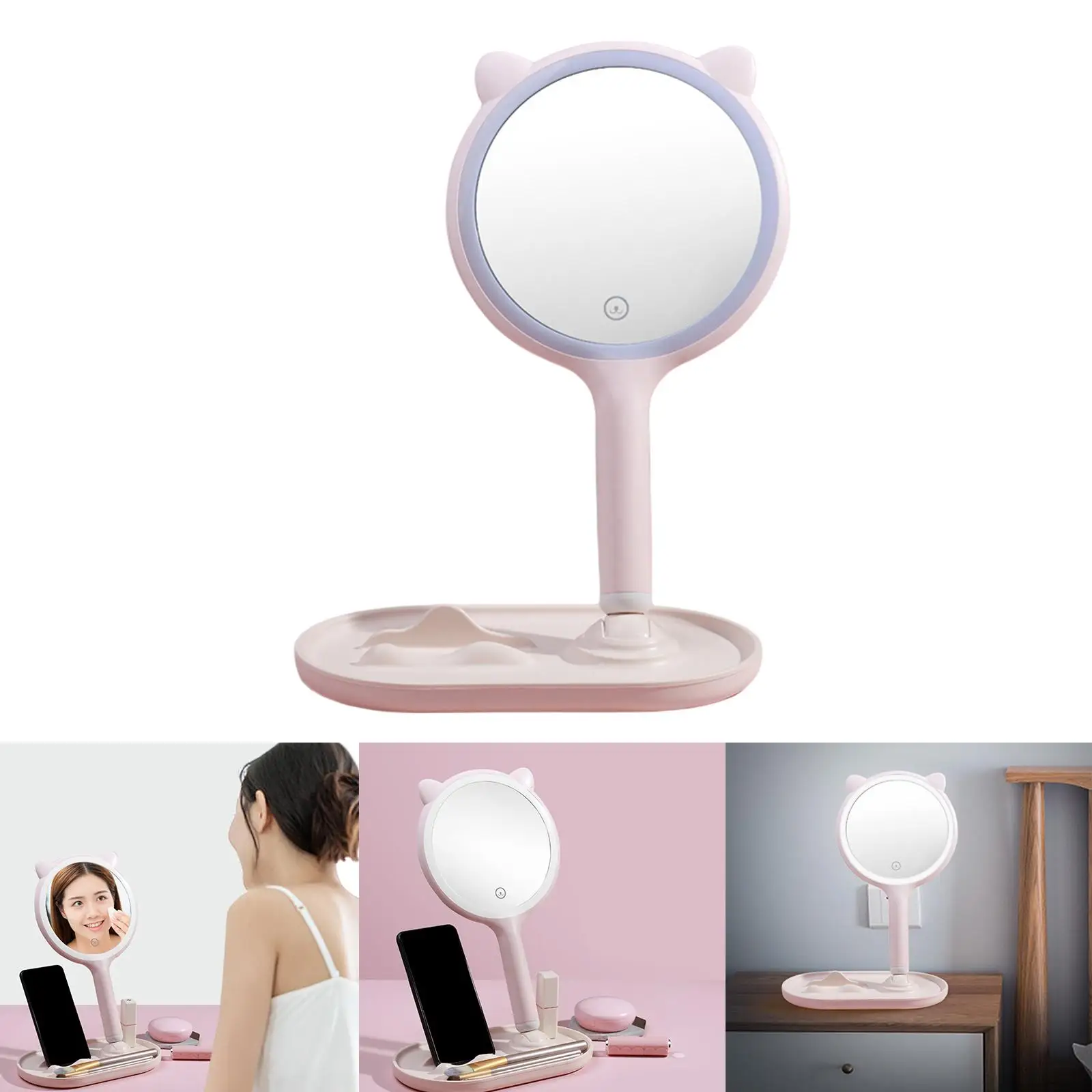 Cute LED Makeup Mirror Double-Side 3-Color Dimmable Touch Sensor Traveling