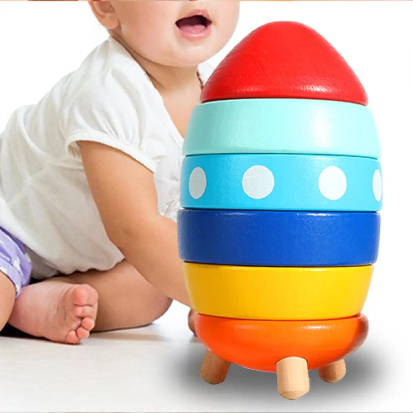Montessori Wooden Colorful Rocket Shaped Stacking Toys Educational Toys Puzzle for Children Boys and Girls Kids