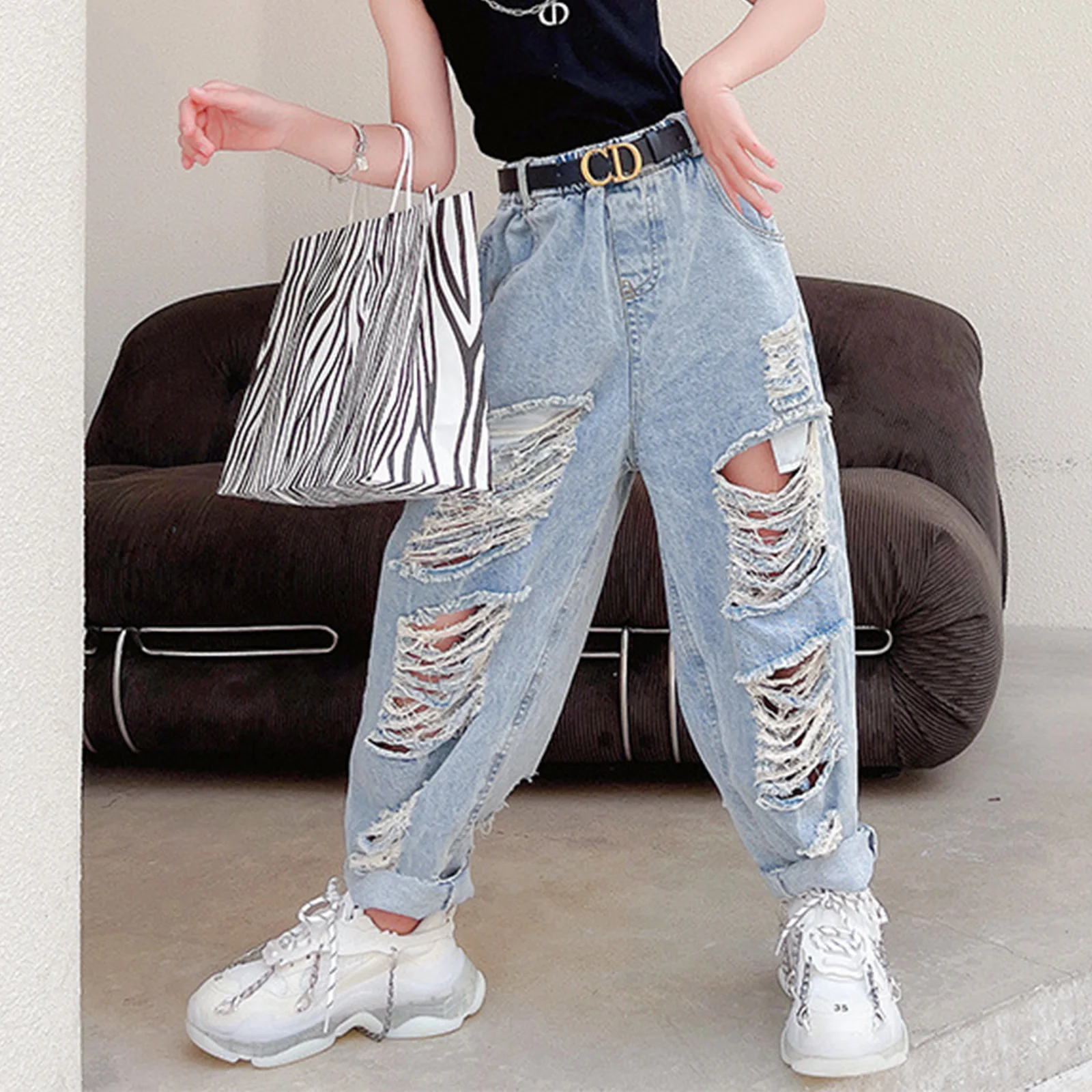 coreano moda cintura alta jeans cor fina