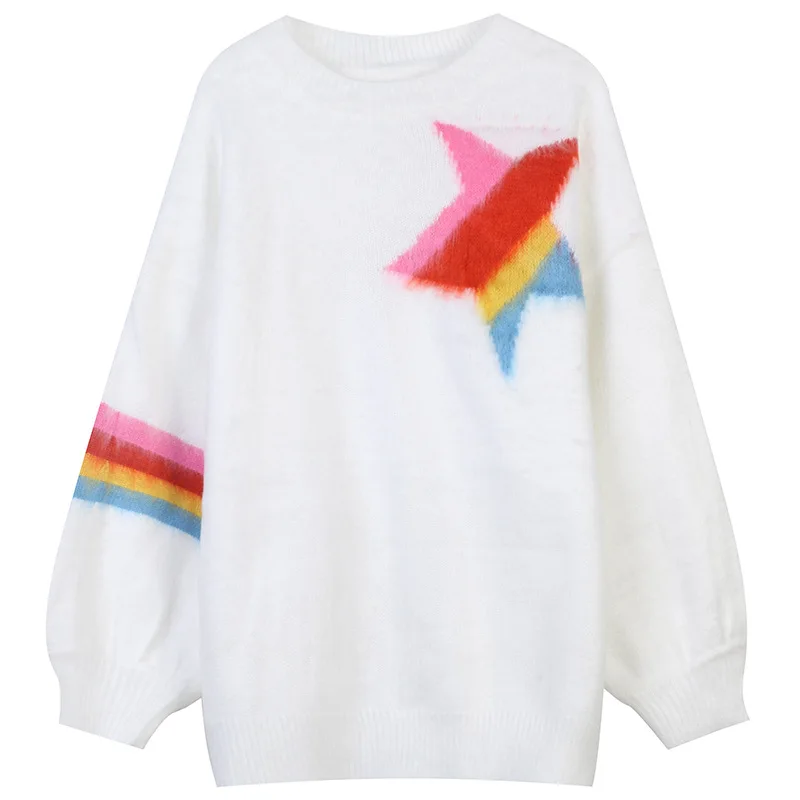 Autumn Winter Rainbow Five-pointed Star Sweet and Loose Sweater Women Pullovers Casual Split Korean Knitwear Plus Size Jumper cardigan